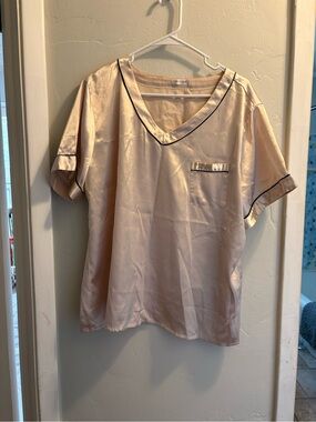 Soft Pink Satin Pajama Top with Black Piping